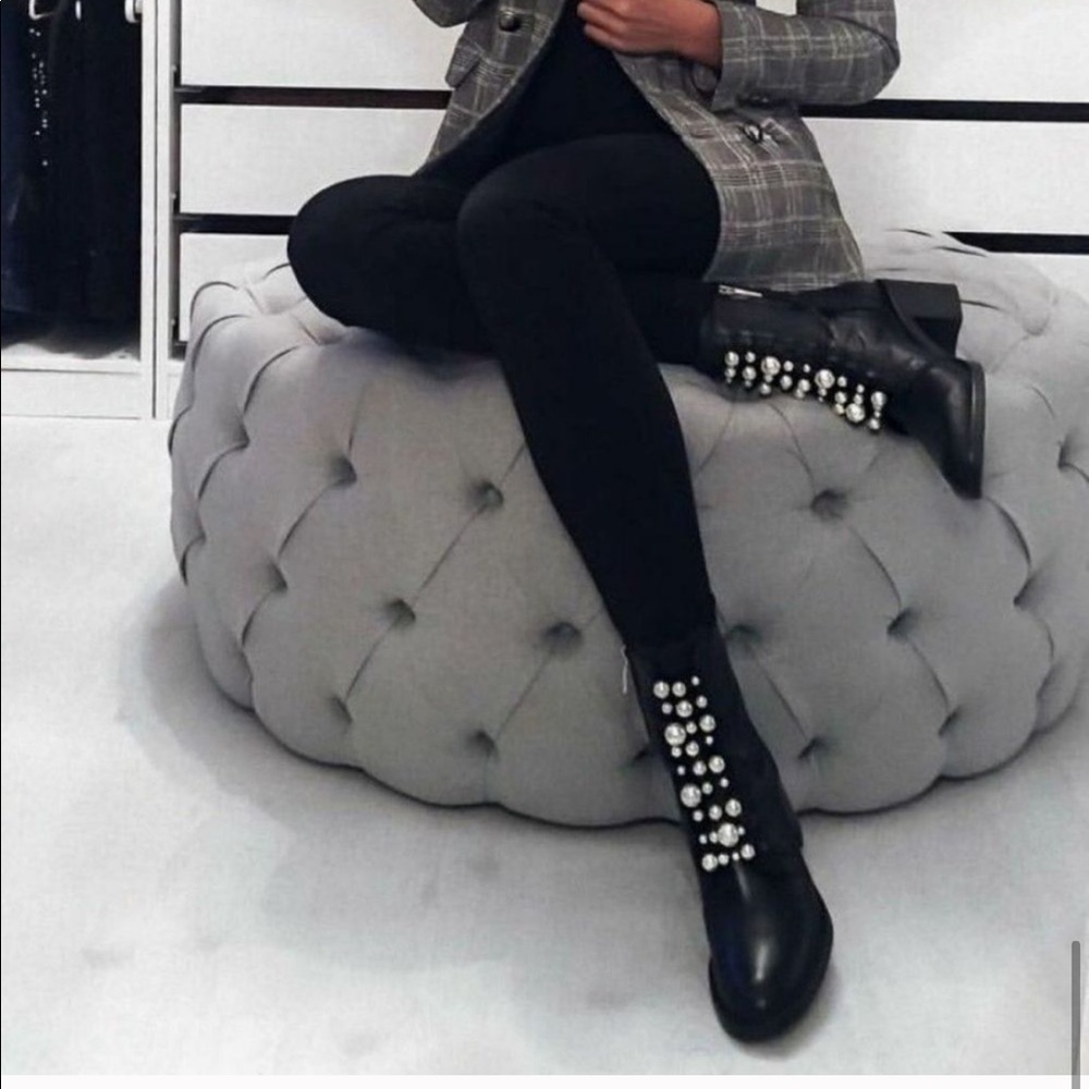 Zara Leather Pearl Block Heel combat Ankle Boots